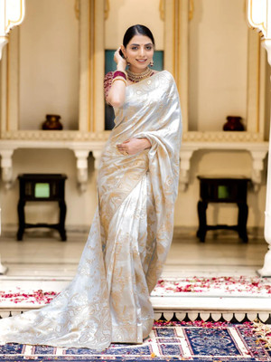 WOMENELEGENCE Embellished Banarasi Pure Silk Saree(White)
