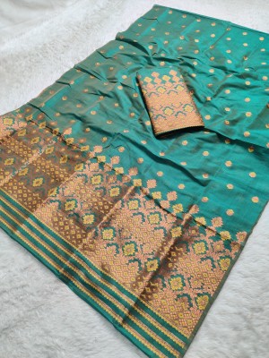 Skiran's Woven Mekhela Chador Tussar Silk Saree(Dark Green)