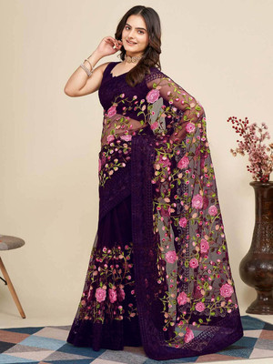 Vinayak Textile Embroidered Bollywood Net Saree(Purple)