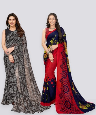 Anand Sarees Printed Bollywood Georgette Saree(Pack of 2, Dark Blue, Red, Black)