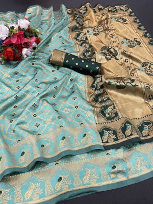 Pionex Woven Baluchari Jacquard, Pure Silk Saree(Light Blue)