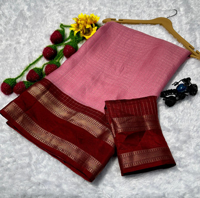 RAAVIENTERPRISE Checkered, Woven Mysore Silk Blend Saree(Pink, Maroon)