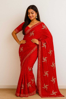 SURETA1 Embroidered, Printed Bollywood Chiffon Saree(Red)