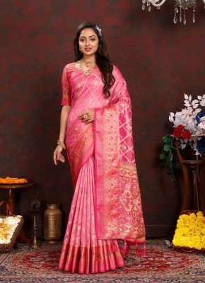 Niwaa Printed, Self Design, Embellished, Woven, Animal Print, Blocked Printed Paithani Jacquard, Silk Blend Saree(Pink)