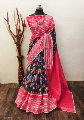 Mervadiya Self Design Banarasi Cotton Linen, Linen Saree(Black, Red)