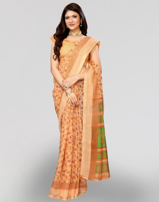 Nirvaan Printed Bollywood Cotton Linen Saree(Orange)