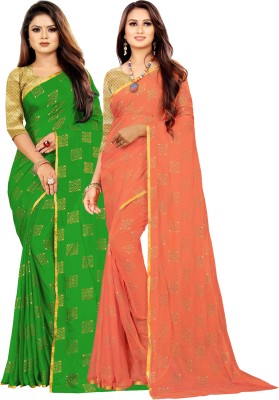 V And V Shop Printed Bollywood Chiffon Saree(Pack of 2, Green, Pink)