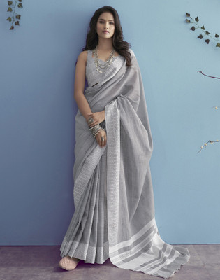 Satrani Woven, Self Design, Embellished Handloom Pure Cotton Saree(Grey, White)
