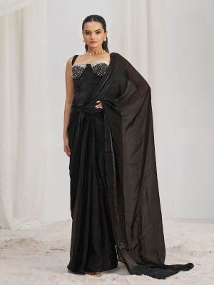 odette Solid/Plain Pre Draped Saree Organza Saree(Black)