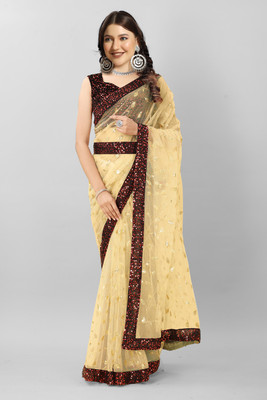 RUCHKET Embellished Bollywood Net Saree(Cream)