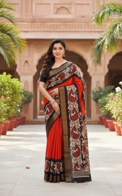 Khoaai Printed, Floral Print Chanderi Art Silk Saree(White, Red)