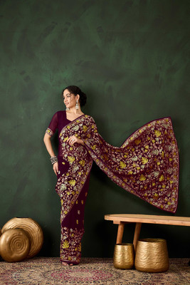 ShopGlobal Embroidered Banarasi Georgette Saree(Maroon)