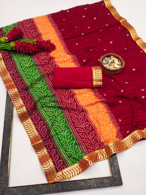 Kanooda Prints Printed Bandhani Georgette Saree(Red)
