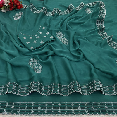 JENNYFEB Embellished Bollywood Pure Silk Saree(Dark Green)