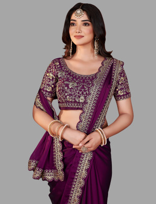 DHARMEE Embellished, Self Design, Solid/Plain, Applique, Woven, Embroidered Bollywood Silk Blend, Lace Saree(Purple)