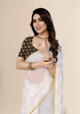 Triveni Fab Polka Print Daily Wear Chiffon Saree(White)