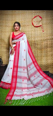 BiswasTextiles Self Design Handloom Cotton Blend Saree(White)