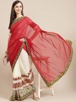 Divastri Embellished, Solid/Plain Bollywood Georgette Saree(Red, White)