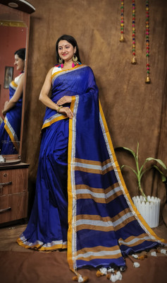 HARE KRISHNA ENTERPRISE Solid/Plain Handloom Cotton Silk Saree(Blue)