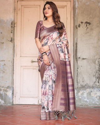 Bansari Textiles Printed Kanjivaram Jacquard, Cotton Blend Saree(Multicolor)