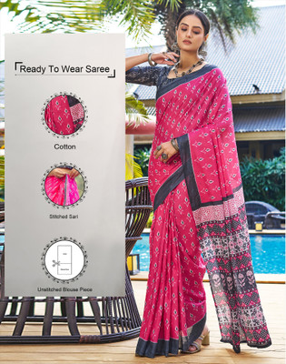 Satrani Printed Ikkat Pure Cotton Saree(Pink, Grey, White)