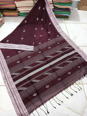 Gitobitan Self Design Handloom Cotton Linen Saree(Purple)