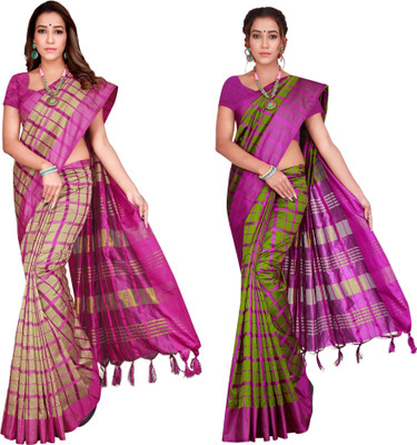 Shaibo saree Checkered Daily Wear Cotton Silk Saree(Pack of 2, Light Green)