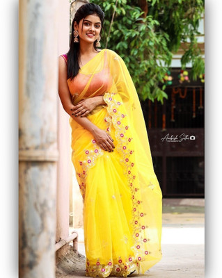 ShivGori Embroidered Bollywood Net Saree(Yellow)