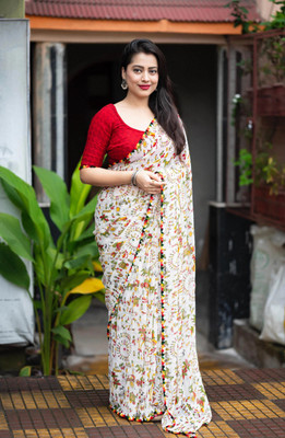 v.divyanshi & co. Printed Daily Wear Georgette Saree(White)