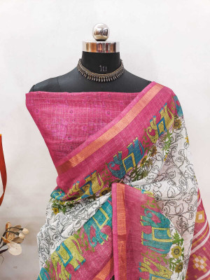Mervadiya Self Design Bollywood Linen, Cotton Linen Saree(White)