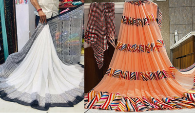 Sitanjali Polka Print Bollywood Georgette Saree(Pack of 2, White, Orange)