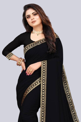 OKTAT Solid/Plain Bollywood Georgette Saree(Black)