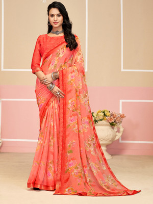 PANZORA Floral Print Daily Wear Chiffon Saree(Orange)