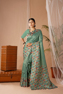 WISHLIST Digital Print Banarasi Silk Blend Saree(Green)