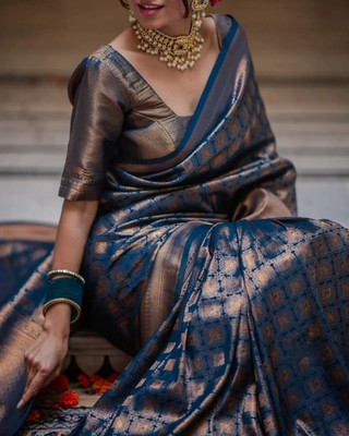 CENTURY CREATION Geometric Print Banarasi Jacquard Saree(Blue)