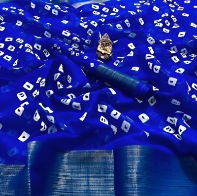 shardatex Self Design Bandhani Cotton Silk Saree(Blue)