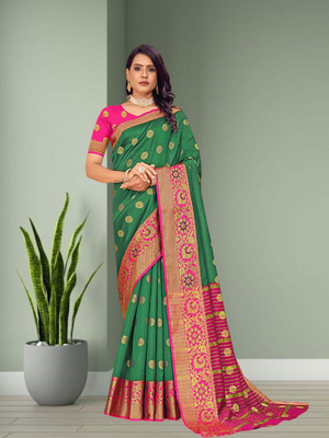 Pionex Woven Banarasi Cotton Silk Saree(Green)