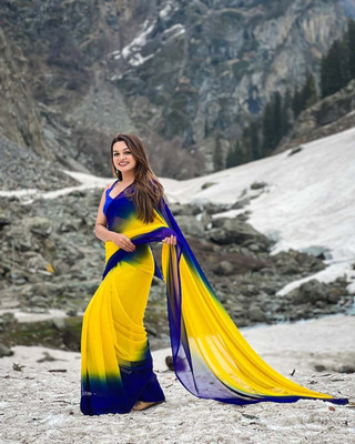 KEE Color Block Bollywood Georgette Saree(Yellow, Blue)