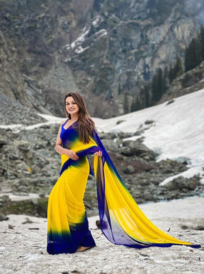 ANJAVI FASHION Color Block Bollywood Georgette Saree(Yellow, Blue)