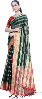 Aarunika MT Striped Bollywood Organza Saree(Dark Green)