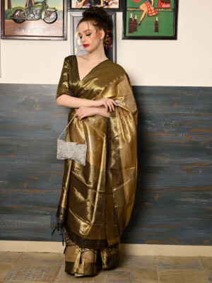 odette Woven Saree with Attached Blouse Silk Blend Saree(Brown)