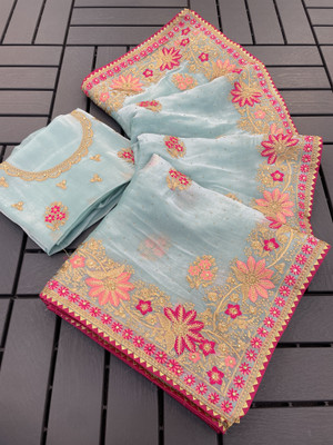 KHRITI FAB Embroidered Bollywood Jimmy choo Saree(Light Blue)