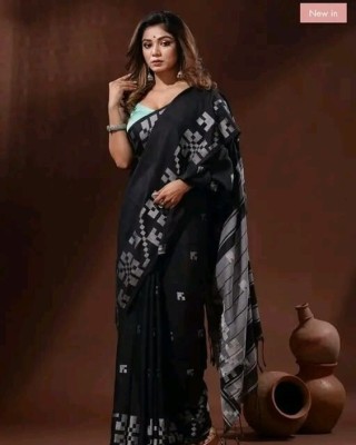 Rongorani Printed Handloom Cotton Silk Saree(Black)