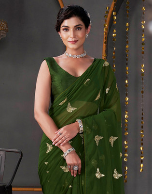 Satrani Embellished, Embroidered Bollywood Georgette Saree(Green)