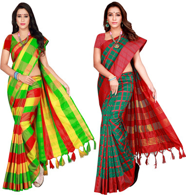 PRIYANSH CREATION Checkered Bollywood Cotton Silk Saree(Pack of 2, Multicolor)