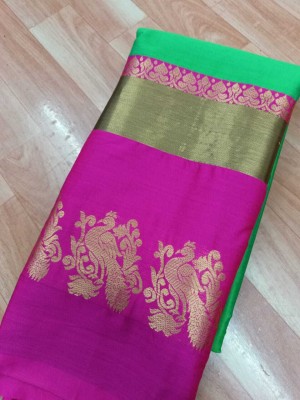S S CREATION Woven Kanjivaram Pure Silk Saree(Dark Green, Pink)