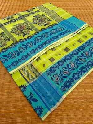 KhayaFashion Woven Jamdani Pure Cotton Saree(Light Green, Blue)
