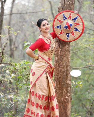 Canizzaro Woven Mekhela Chador Cotton Blend Saree(Cream)