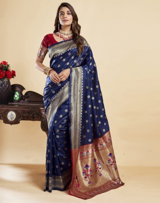 SIRIL Dyed, Woven, Self Design Banarasi Silk Blend Saree(Dark Blue, Gold)