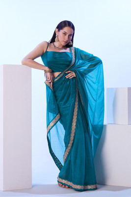 Kalista Embellished, Solid/Plain Bollywood Organza Saree(Dark Blue)